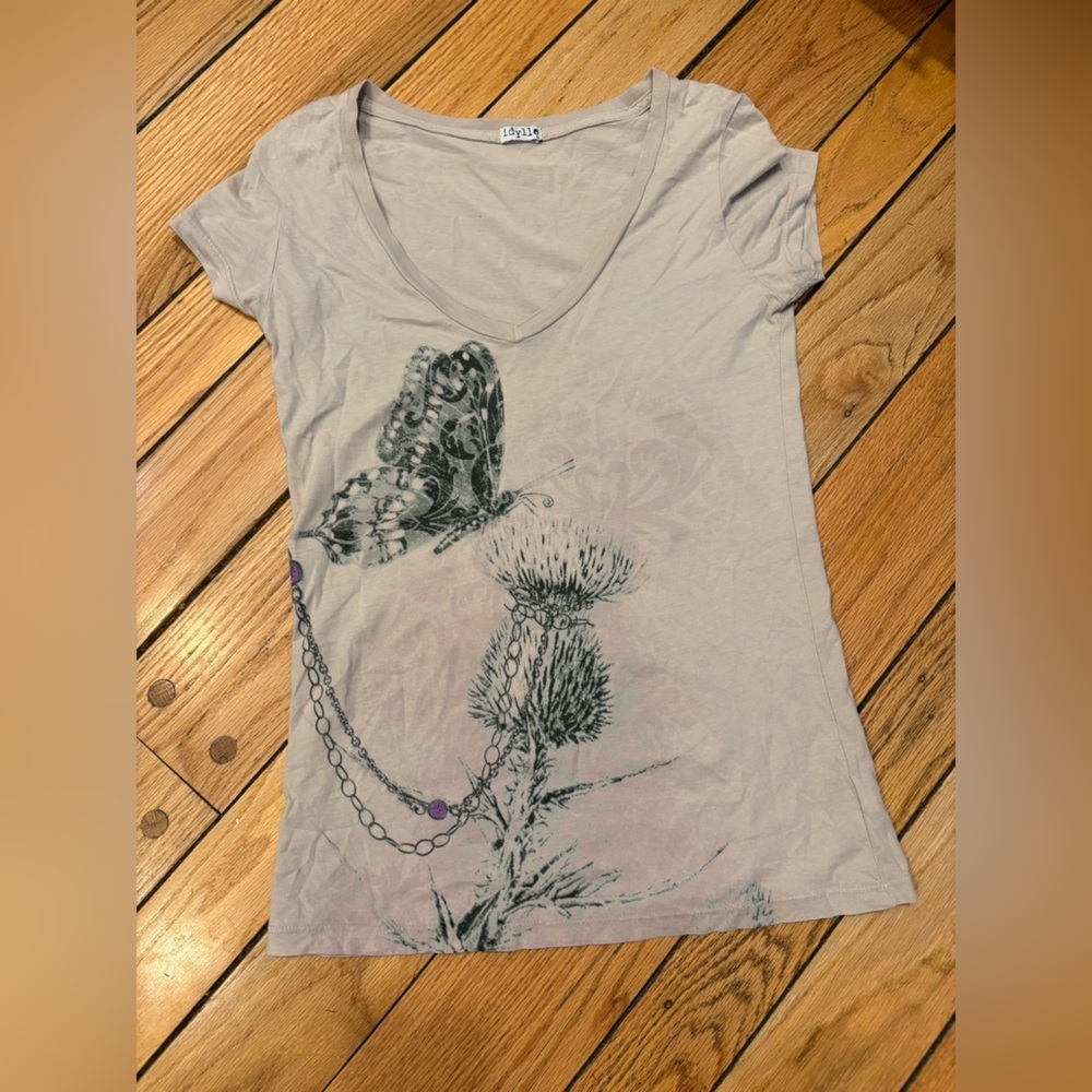 Idylle Light Beige Oatmeal Butterfly Print Tee medium